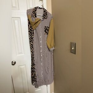 SHEIN Striped and Leopard Print Dress - Black, White, Tan